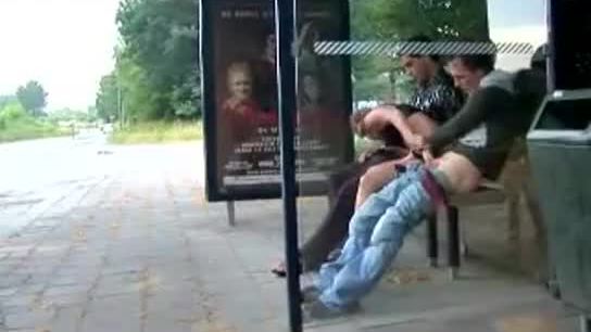 Girl fucked at bus stop by 2 guys