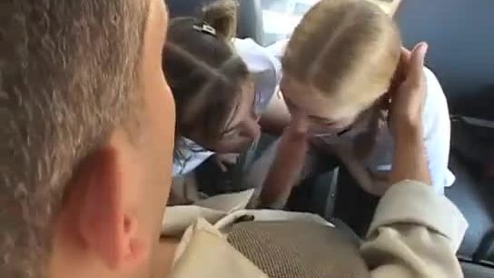 Two cute schoolgirls gets fucked on the bus